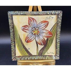 Arnie P Fisk Flower Still Glass Trinket Dish 6” Square